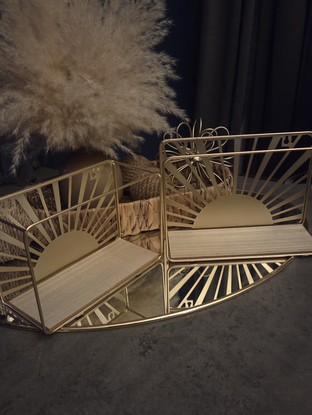 Set of 2 Gold Sunburst Floating Wall Shelves | Modern Boho Farmhouse Decor
